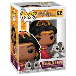 Figura POP Disney El Jorobado de Notre Dame Esmeralda &amp; Djali en vinilo con base transparente. Incluye a Esmeralda con vestido rojo y Djali con pendiente, presentados en caja regalo para coleccionistas.
