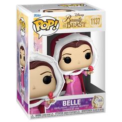 Figura POP Disney La Bella y la Bestia Winter Belle de vinilo con 9 cm de altura. Representa a Bella con abrigo invernal y un pájaro rojo, presentada en caja regalo con ventana para exposición.
