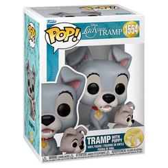 Figura POP Disney La Dama y el Vagabundo Tramp with Puppy de vinilo y 9 cm de altura. Representa a Tramp con un cachorro en una base circular y se presenta en caja regalo para facilitar su exposición y conservación.