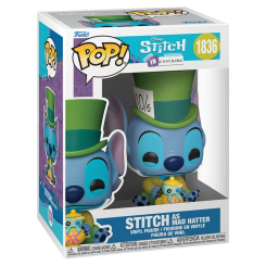 Figura POP Disney Stitch as Mad Hatter en vinilo con diseño del Sombrerero Loco. Presentada en caja regalo, combina la simpatía de Stitch con un toque clásico de Disney en un formato compacto ideal para coleccionistas.