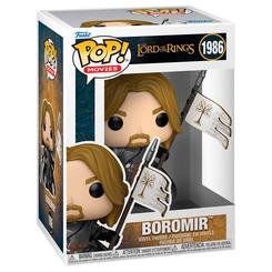 Figura POP de Boromir de El Señor de los Anillos en vinilo, con espada y estandarte, presentada en caja regalo. Diseño estilizado típico de POP que refleja la armadura y el carácter del personaje.