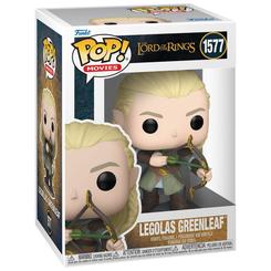 Figura POP El Señor de los Anillos Legolas Grennleaf de vinilo con 9 cm de altura. Representa al personaje con arco y flecha en una base rocosa, ideal para coleccionistas de la saga.