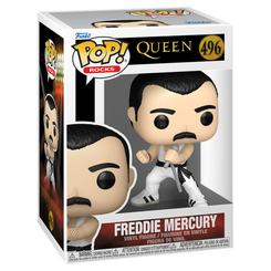 Figura POP de Freddie Mercury en vinilo con pose característica y micrófono, presentada en caja regalo. Ideal para fans y coleccionistas del cantante de Queen.