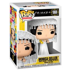 Figura POP Friends Monica Geller en vestido de novia con velo y guante amarillo. Figura de vinilo en caja regalo, parte del merchandising oficial de la serie Friends.