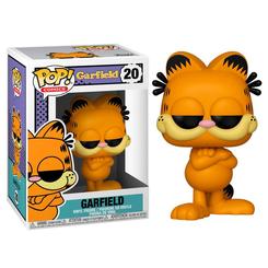 Figura POP Garfield de vinilo con 9 cm de altura en caja regalo con ventana que muestra al famoso gato naranja con expresión característica y brazos cruzados.