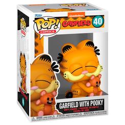 Figura POP Garfield - Garfield with Pooky de vinilo de 9 cm. Representa a Garfield abrazando a su peluche Pooky con el diseño característico de la línea POP y se presenta en caja para regalo.