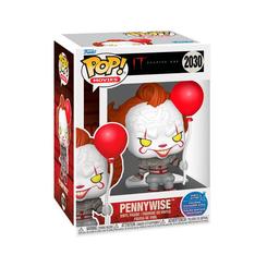 Figura POP de Pennywise de IT con globo rojo en postura sentada. Está fabricada en vinilo y es ideal para colocar en estantes o superficies pequeñas.