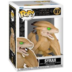 Figura POP de Syrax de La Casa del Dragón en vinilo con 9 cm de altura. Representa al dragón con alas extendidas y ojos verdes, ideal para coleccionistas de la serie.