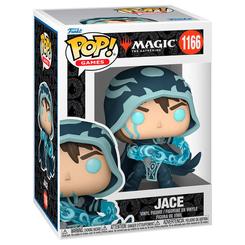Figura POP Magic The Gathering Jace en vinilo con caja regalo, que representa al personaje Jace Beleren con detalles en azul y capa oscura, ideal para coleccionistas y fans del juego.