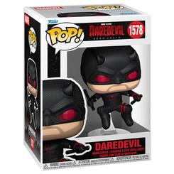 Figura POP de Daredevil Born Again con traje negro y ojos rojos. Fabricada en vinilo, incluye soporte transparente y se presenta en caja regalo, ideal para coleccionistas del universo Marvel.