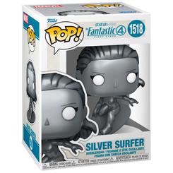 Figura POP Marvel Los 4 Fantasticos Estrella Plateada de vinilo con 9 cm de altura. Representa a Silver Surfer sentado sobre su tabla, con el diseño característico de las figuras POP.