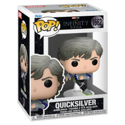 Figura POP Marvel Studios The Infinity Saga Quicksilver en vinilo con caja regalo. Representa a Quicksilver con soporte transparente y diseño característico de la línea POP, ideal para coleccionistas y fans de Marvel.