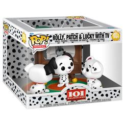 Figura POP Moment Disney 101 Dálmatas Rolly Patch &amp; Lucky con TV que muestra a los tres cachorros frente a un televisor antiguo sobre una base redonda, ideal para coleccionistas y fans de Disney.