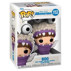 Figura POP Monsters Inc 20th Boo with Hood Up de 9 cm en vinilo con el disfraz de monstruo morado y ojos grandes. Presentada en caja regalo con ventana para exposición y colección.
