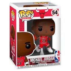 Figura POP NBA Bulls Michael Jordan de vinilo con 9 cm de altura. Representa a Michael Jordan con balón y uniforme rojo, en caja regalo con ventana para coleccionistas y aficionados al baloncesto.
