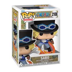 Figura POP One Piece Sabo en vinilo con efecto de llamas y sombrero de copa. Presentada en caja regalo, es un artículo de colección oficial para fans de la serie One Piece.