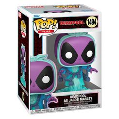 Figura POP Plus Marvel Deadpool - Deadpool as Jacob Marley de vinilo con 9 cm de altura. Representa a Deadpool como Jacob Marley, con cadenas y base de nube en tonos morados y azules.