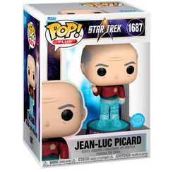 Figura POP Plus Star Trek Jean-Luc Picard de vinilo con 9 cm de altura. Representa al capitán con uniforme y efecto de teletransporte, sobre base decorada, en caja regalo para coleccionistas.