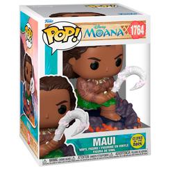 Figura POP Premium Disney Vaiana Moana 3 Maui de vinilo con base que simula lava y rocas. Representa a Maui con su anzuelo y tatuajes, presentada en caja regalo para coleccionistas y fans de Disney.