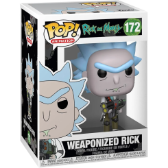 Figura POP Rick &amp; Morty Weaponized Rick de vinilo con 9 cm de altura. Representa a Rick armado con un arma futurista, con detalles fieles al personaje de la serie animada Rick and Morty.