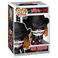 Figura POP Rob Zombie en vinilo con diseño de calavera y sombrero negro. Presentada en caja regalo, es una pieza compacta y detallada para coleccionistas y fans del músico.