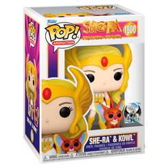 Figura POP She-Ra Princesa del Poder She-Ra &amp; Kowl de 9 cm en vinilo. Representa a She-Ra con su espada y corona alada, acompañada por Kowl, en una caja regalo ideal para coleccionistas.