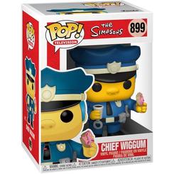 Figura POP Simpsons Chief Wiggum de vinilo con 9 cm de altura. Representa al jefe de policía con su uniforme azul, vaso y rosquilla, en caja regalo con ventana para exposición.