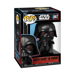 Figura POP Star Wars Darth Vader In Armor de vinilo con sable láser rojo y base con logo. Presentada en caja regalo, es una pieza compacta y reconocible para coleccionistas y fans de la saga.