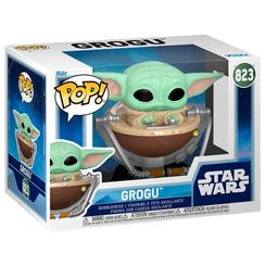 Figura POP Star Wars Mandalorian &amp; Grogu con Grogu en su cápsula flotante. Figura de vinilo presentada en caja regalo, ideal para fans y coleccionistas del universo Star Wars y la serie Mandalorian.
