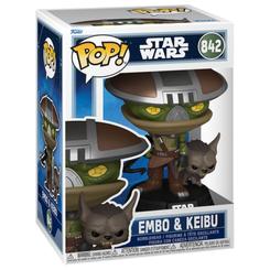 Figura POP de vinilo de Embo y Keibu de Star Wars: The Mandalorian, con base negra y logotipo. Representa a ambos personajes juntos en estilo POP para coleccionistas.