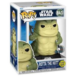 Figura POP de Rotta the Hutt de Star Wars: The Mandalorian en vinilo, con dos hachas y base con logo. Presentada en caja para regalo, ideal para coleccionistas y fans de la serie.