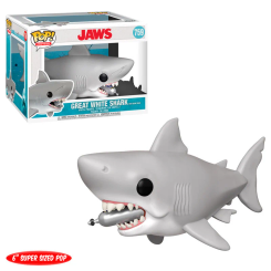 Figura POP Tiburon Jaws de 15 cm en vinilo con tanque de buceo en la boca. Presentada en caja regalo con ventana, es un producto oficial inspirado en la película Tiburón.
