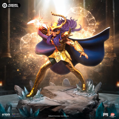 Figura Scorpio Milo de Saint Seiya a escala 1/10 con armadura dorada y base tematizada. La figura destaca por su pose dinámica y detalles pintados a mano que reflejan la esencia del Santo de Oro Escorpio.