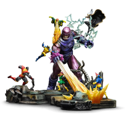 Figura X-Men Danger Room Diorama A a escala Demi Art Scale 1/20 en polystone con partes en resina, PVC y ABS. Incluye varios personajes y un Sentinel en una escena de combate detallada y pintada a mano.
