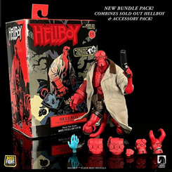 Figura Hellboy a escala 1/12 con amplia articulación y pack de accesorios que incluye pistola, manos alternativas, cabezas intercambiables y abrigo de tela para personalizar su exposición.