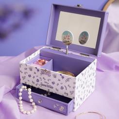 Joyero musical de Blancanieves con motivo floral y cajón para baratijas. Incluye melodía al abrirse y está decorado con una imagen del personaje y detalles florales en tonos lilas y blancos.
