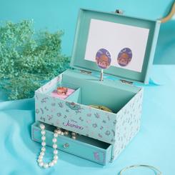 Joyero musical Jasmine Princesas Disney con cajón para recuerdos y melodía al abrir. Diseño floral en tonos turquesa con imagen de Jasmine, ideal para fans de Disney y coleccionistas.