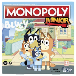 Juego Monopoly Bluey en español para 2-4 jugadores a partir de 5 años. Incluye propiedades de la serie y sigue la mecánica clásica de Monopoly adaptada para niños.