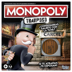 Juego Monopoly Tramposo español para 2 a 6 jugadores a partir de 8 años. Incluye cartas de trampa y esposas de plástico para encadenar a los jugadores atrapados en la casilla de Cárcel.