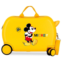 Maleta trolley ABS de 45 cm con diseño 3D de Mickey Mouse de Disney en color amarillo. Cuenta con 4 ruedas, 2 multidireccionales, y asa superior para facilitar su transporte.