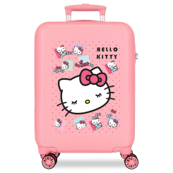 Maleta trolley ABS de Hello Kitty de 55 cm con diseño rosa y múltiples imágenes del personaje. Incluye cierre TSA, ruedas dobles multidireccionales, sistema expandible e interior con organizador.