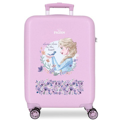Maleta trolley de 55 cm inspirada en Elsa de Frozen Disney, fabricada en ABS con cierre TSA, ruedas multidireccionales y sistema expandible para mayor capacidad.