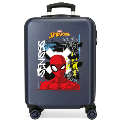 Maleta trolley de 55 cm con diseño de Spiderman sobre fondo azul, fabricada en ABS con cierre TSA, ruedas dobles multidireccionales y sistema expandible con organizador interior.