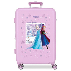 Maleta trolley ABS de 65 cm con diseño de Elsa y Anna de Frozen Disney. Cuenta con cierre TSA, ruedas dobles multidireccionales, sistema expandible e interior con organizador para un viaje cómodo y seguro.