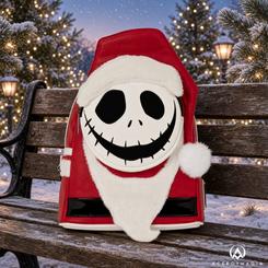 Mochila mini de Jack Skellington de Pesadilla Antes de Navidad con diseño navideño, fabricada en ante y poliuretano, mide 22,8 x 26,6 x 11,4 cm e incluye detalles como pompones y bordados.