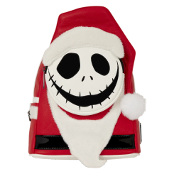 Mochila mini de Jack Skellington de Pesadilla Antes de Navidad con diseño navideño, fabricada en ante y poliuretano, mide 22,8 x 26,6 x 11,4 cm e incluye detalles como pompones y bordados.