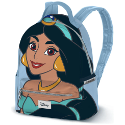 Mochila urbana Jasmine Aladdin Disney de 25x22x15 cm con dos bolsillos laterales abiertos y forro interior. Diseño compacto con imagen frontal de Jasmine en colores vivos.