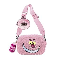 Bolso de poliéster inspirado en el Gato de Cheshire de Alicia en el País de las Maravillas Disney. Mide 18,5x12,5x8 cm e incluye correa ajustable, monedero y llavero de peluche con la cola del personaje.
