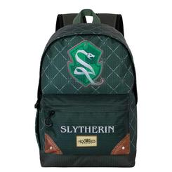 Mochila Slytherin de Harry Potter con 44 cm de altura y diseño en verde oscuro con el escudo bordado. Sus dimensiones son 30x44x18 cm, ideal para uso diario y escolar.