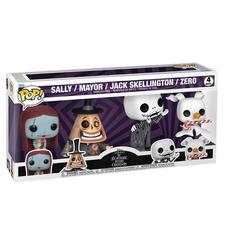 Blister con 4 figuras POP de vinilo de Pesadilla Antes de Navidad que incluye a Sally, el Alcalde, Jack Skellington y Zero, con el diseño característico de esta línea coleccionable.